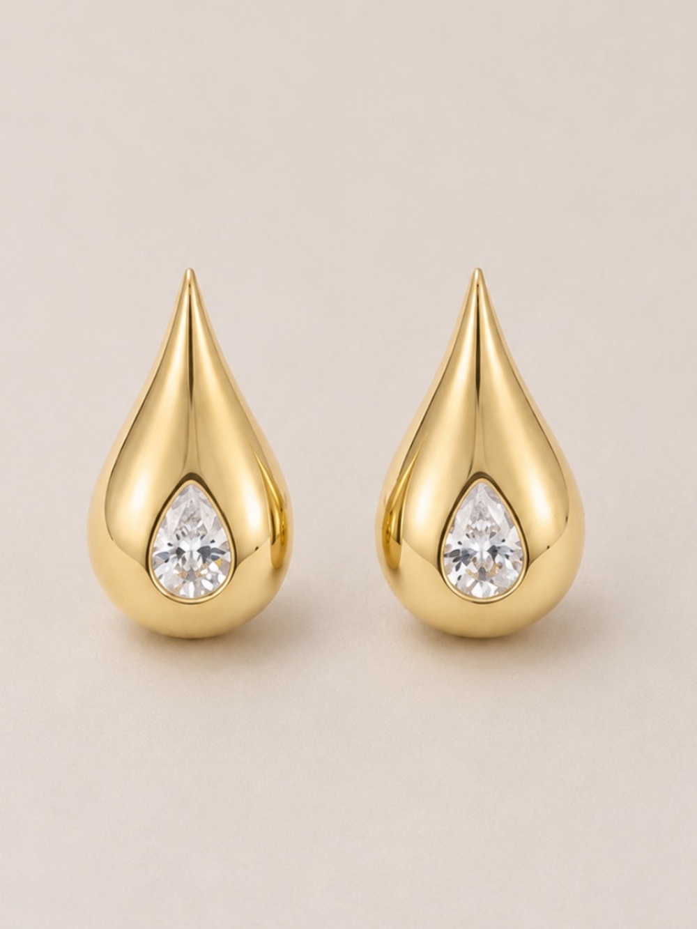 New! Gold Teardrop Stud Earrings with Clear Crystal